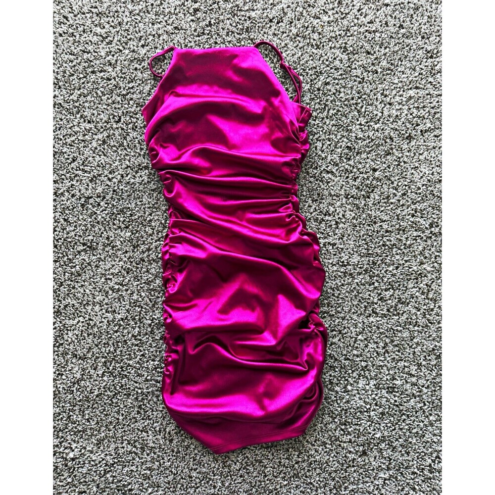 City Studio Pink Satin Ruched Strappy Cowl Neck Bodycon Mini Dress XS